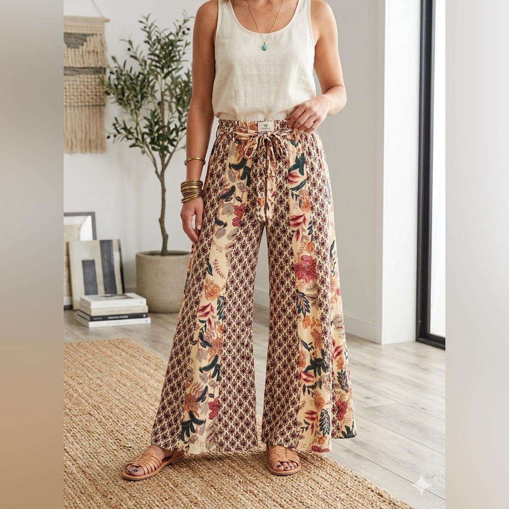 Angie Floral Wide-Leg Pants - Cream, Burgundy, Teal, Orange size S - Picture 2 of 8